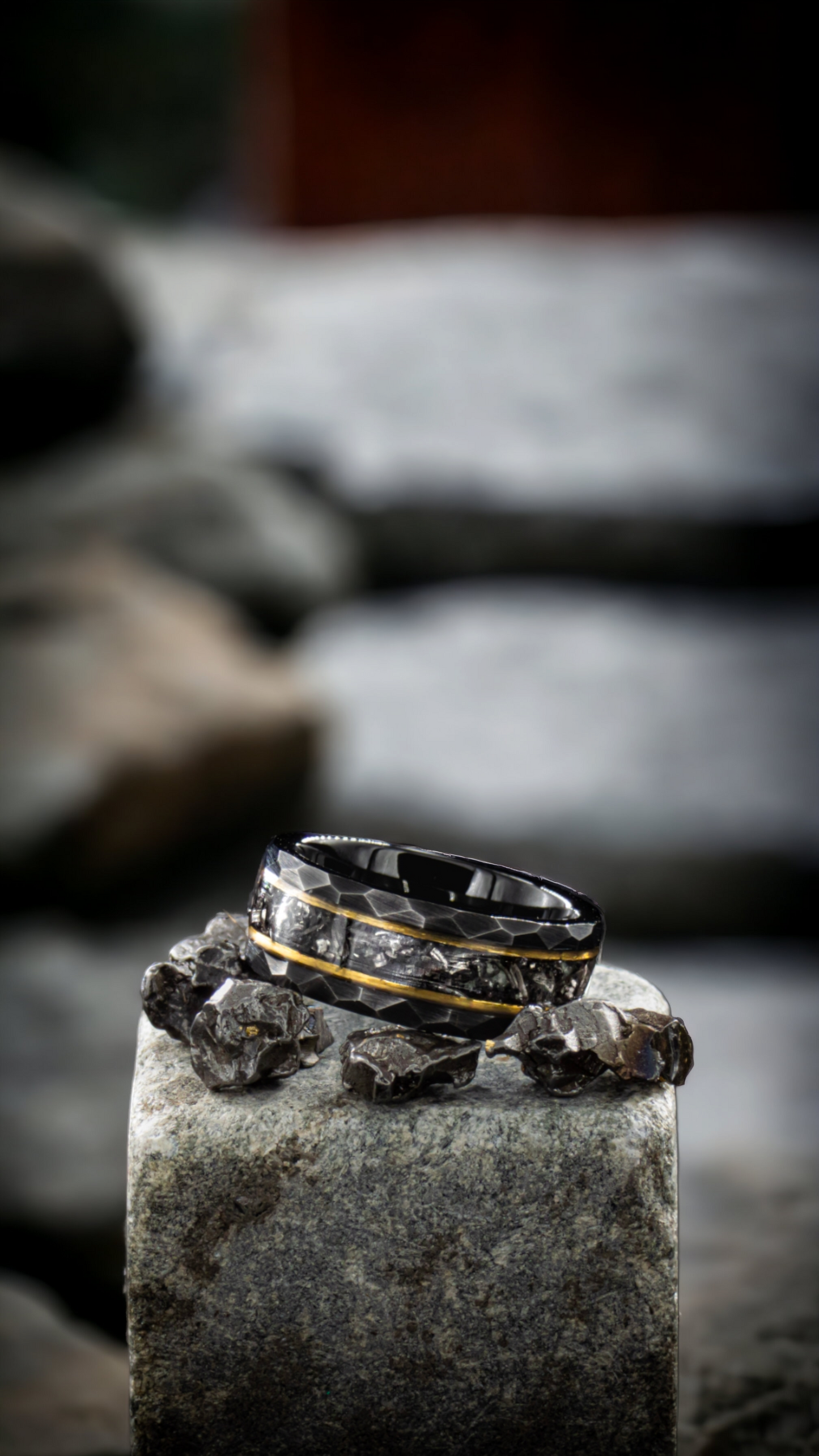 8mm Hammered Tungsten Meteorite glow ring - D4RK M4TT3R 3D