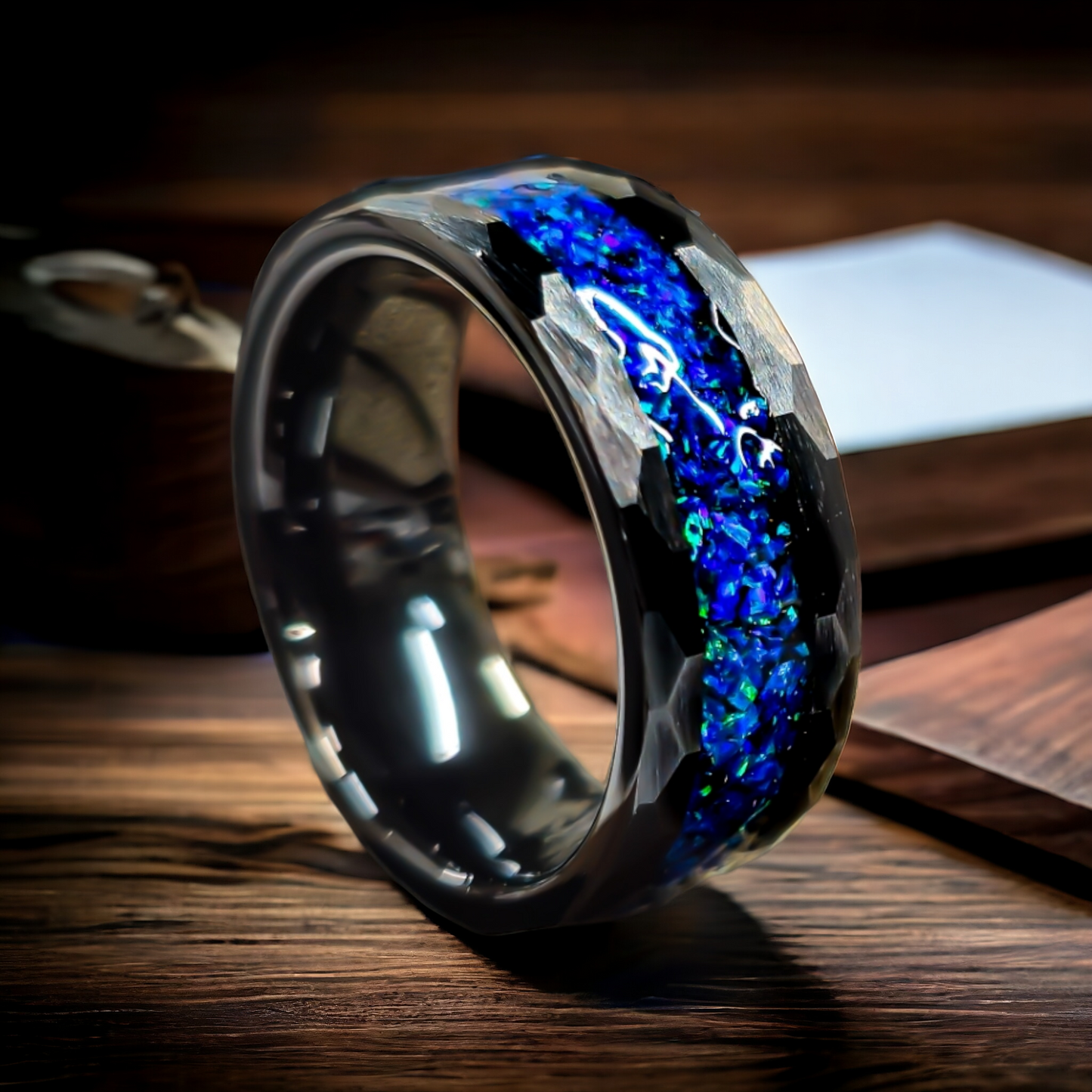 Blue opal hammered Ceramic Ring