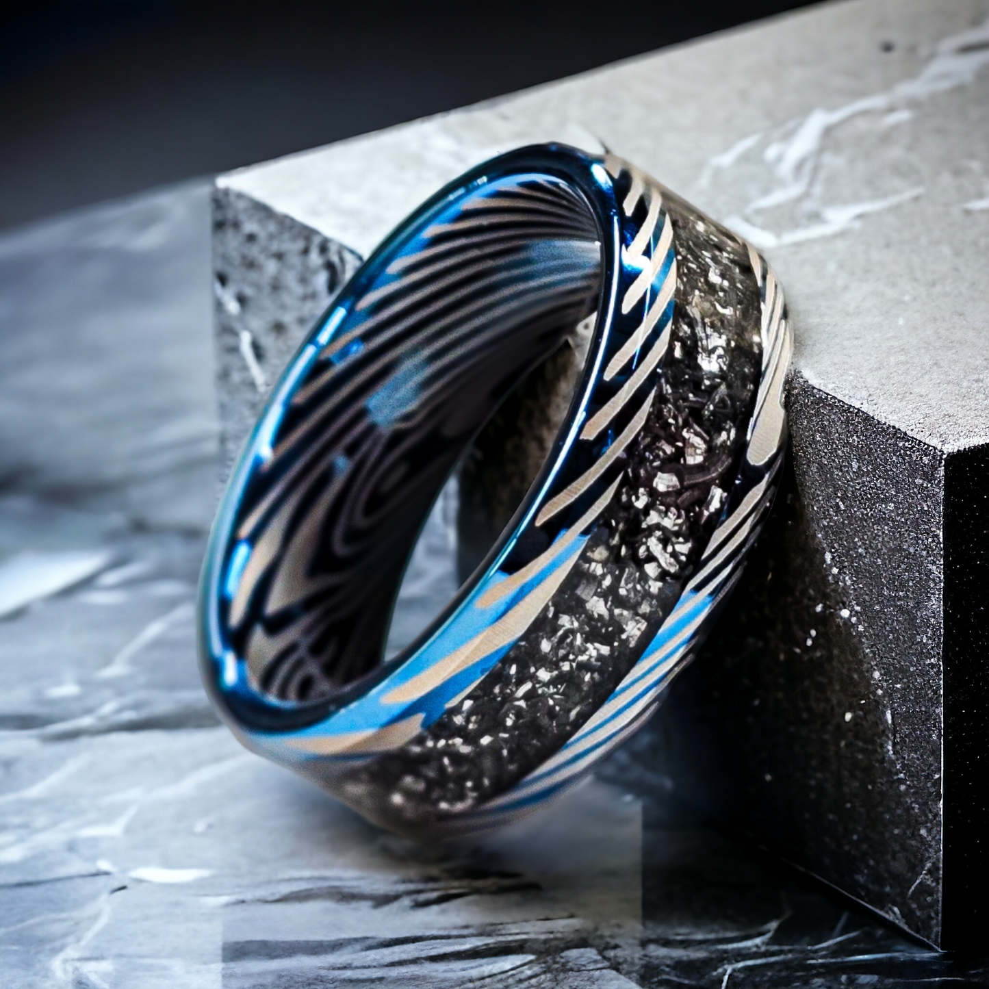 Meteorite Damascus steel ring